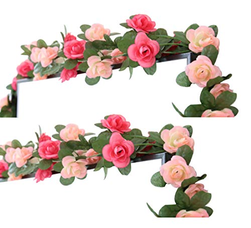 LumenTY 2 paquetes de flores artificiales de 2.5 m Vine Rose Garland Seda Flores falsas Decoración colgante para Oficina del hotel Jardín Fiesta casera Boda Festival Decoración - Rosa y rosa Claro