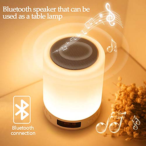 Luz Nocturna de LED,Altavoz Bluetooth Luz de Nocturna Lámpara de Mesita de Noche,7 colores regulable lámpara de cabecera con despertador,Control Tactil/reproductor deMP3/radio FM/USB Recargable