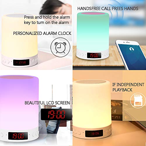 Luz Nocturna de LED,Altavoz Bluetooth Luz de Nocturna Lámpara de Mesita de Noche,7 colores regulable lámpara de cabecera con despertador,Control Tactil/reproductor deMP3/radio FM/USB Recargable