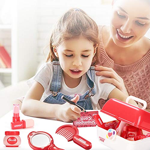 Maletín de Joyería y Maquillaje Juguete Pretend Play Belleza Caja Completa de Peluquería inluye 30 Piezas Comésticas Juego Educativo y Científico Regalo Ideal de Cumpleaños Navidad para Niños 3+ Años