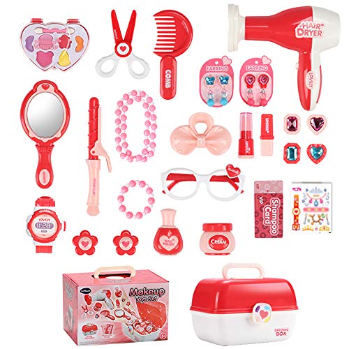 Maletín de Joyería y Maquillaje Juguete Pretend Play Belleza Caja Completa de Peluquería inluye 30 Piezas Comésticas Juego Educativo y Científico Regalo Ideal de Cumpleaños Navidad para Niños 3+ Años