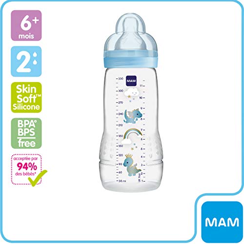 Mam - Botellas segunda infancia, 330ml, a partir de 6 meses en adelante, tipo de flujo X, Color: Azul