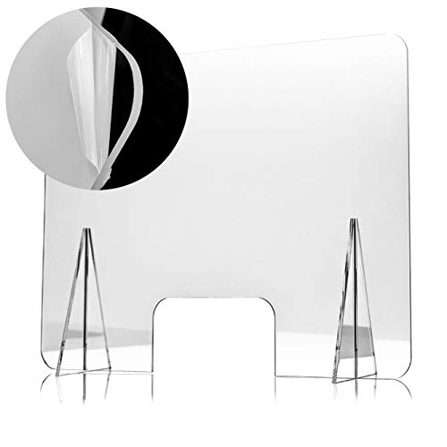 Mampara Protectora de Metacrilato Transparente con Ventanillas y Bases para Mostrador y Mesa, Medida de 100x80cm, Grosor de 3mm