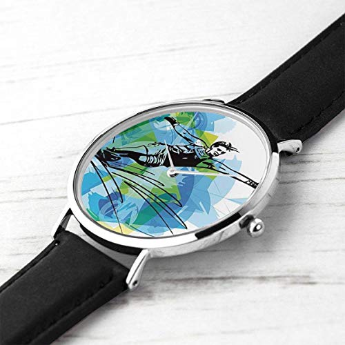 Man Athlete Water Ski Energic Dynamic Exotic Motivational Hobby Activity Image Black Quartz Movement Stainless Steel Leather Strap Watches Casual Fashion Wrist Watches