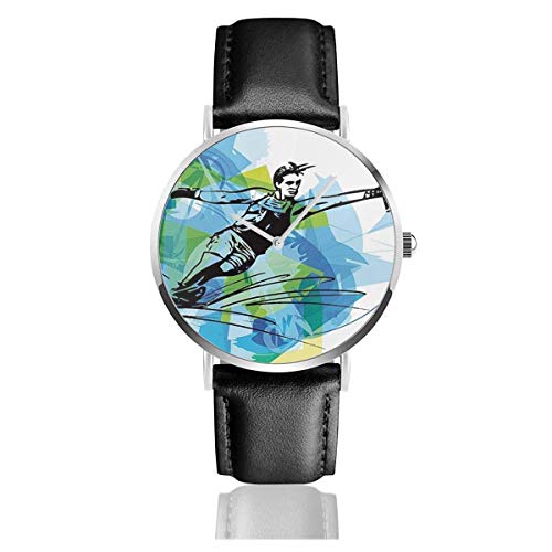 Man Athlete Water Ski Energic Dynamic Exotic Motivational Hobby Activity Image Black Quartz Movement Stainless Steel Leather Strap Watches Casual Fashion Wrist Watches