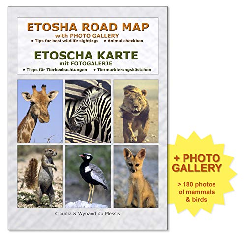 MAPA detallado y GALERIA DE FOTOS DE ETOSHA, cuaderno practico A4, todos los caminos de parques y puntos de agua, más de 100 fotografías a color de los animales salvajes para la fácil identificación