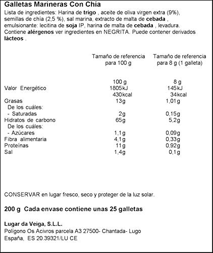 Marineras Daveiga, Galleta Marinera 100% Natural con Semillas de Chía y Aceite de Oliva Extra Virgen. Sin azúcares añadidos. Sin conservantes ni colorantes- 5 bolsas de 200 gr. (Total 1000 gr.)