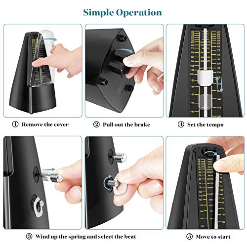 Martisan - Metrónomo mecánico tradicional con temporizador y tiempo preciso para guitarra, piano, guitarra baja, tambor, violín y otros instrumentos, color negro