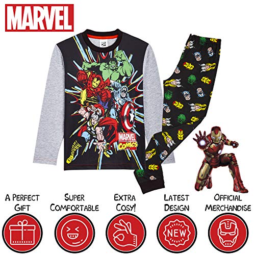 Marvel Avengers Pijama Niño, Pijamas Niños de Los Vengadores Superheroes Capitan America, Hulk, Iron Man y Thor, Conjunto de Dos Piezas Manga Larga, Regalos para Niños y Adolescentes (5-6 años)