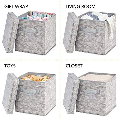 mDesign Caja organizadora con Tapa – Caja de Tela Cuadrada para Adornos navideños, Lazos, etc. – Organizador de Accesorios a Rayas para Dormitorio, sótano o trastero – Gris Claro/marrón Claro