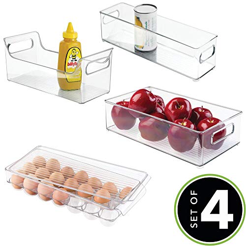 mDesign Juego de 4 Piezas para Cocina, con 2 envases de plástico para Alimentos, especiero y huevera con Tapa – Cajas organizadoras para Nevera – Cajas de plástico para refrigerador – Transparente