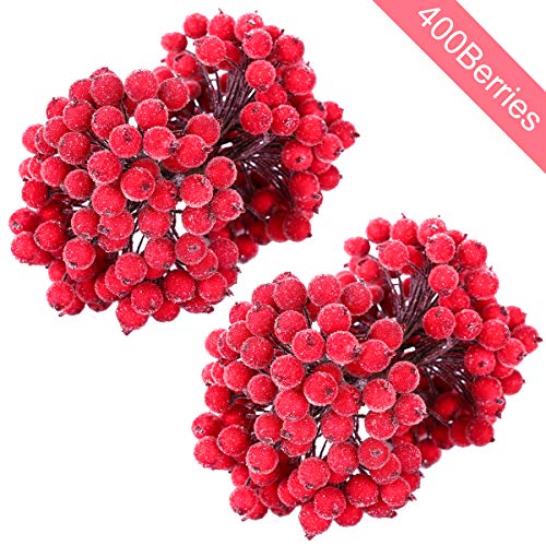 MELLIEX 400pcs Bayas de Acebo Esmerilado, Frutas Artificiales de Mini Rojas Adornos de Navidad para Corona de Navidad, Decoración de DIY