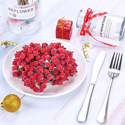 MELLIEX 400pcs Bayas de Acebo Esmerilado, Frutas Artificiales de Mini Rojas Adornos de Navidad para Corona de Navidad, Decoración de DIY