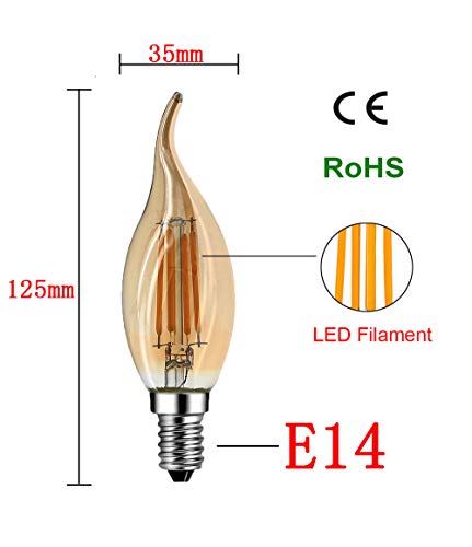 MENTA Bombillas Filamento LED E14 en Forma de Vela, Incandescente Equivalente a 40w, Blanco cálido 2700k 4W, Casquillo Fino E14 SES, AC 200-240V, Pack de 6 Unidades