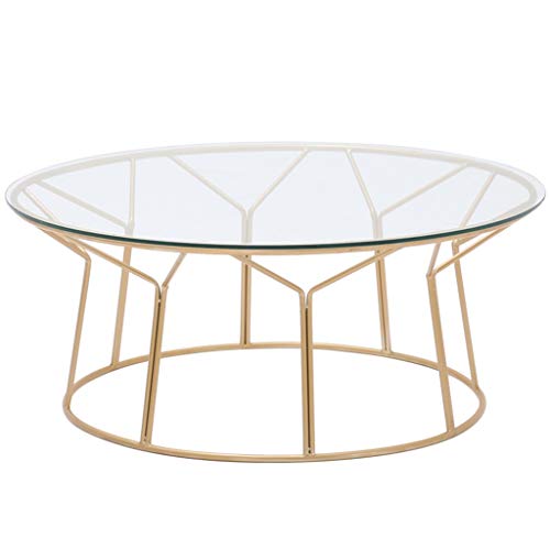 Mesa de Centro Redonda de Hierro Forjado, Estructura de Metal, Tapa de Mesa de Vidrio Templado, Estable y sin agitación, se USA para sofá de la Sala, balcón, Dorado, (tamaño: 60 × 60 × 45 cm)