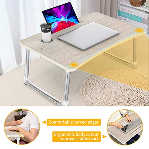 Mesa para Ordenador Portátil, Portátil Mesa Cama Plegable Mesa Escritorio Plegable con Portavasos/Soporte para Tableta/Manija (65 * 45 cm, Roble Amarillo)