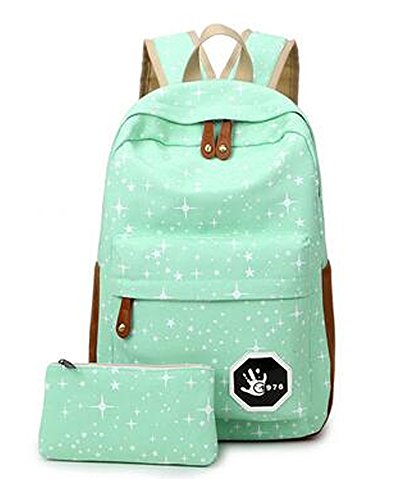 Minetom Lona Backpack Mochilas Escolares Mochila Escolar Casual Bolsa Viaje Moda Salpicado De Estrellas 2 Piezas Embrague Verde One Size(28 * 13 * 42 Cm)