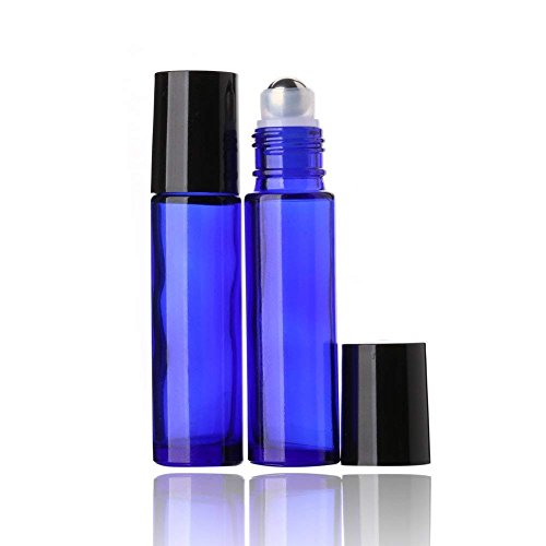 MINGZE 8 piezas 10ml Botellas de vidrio azul con bola de metal de acero inoxidable, Botella de aceite esencial Roll-on, Perfume de aromaterapia, de rodillo para líquido