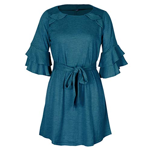 Mini vestido de mujer a la moda, vestido monocromo de manga 3/4, vestido corto hasta la rodilla, vestido de fiesta, blusa, camiseta larga, casual, cuello redondo, Slim A Linie EU-42/CN-XL azul