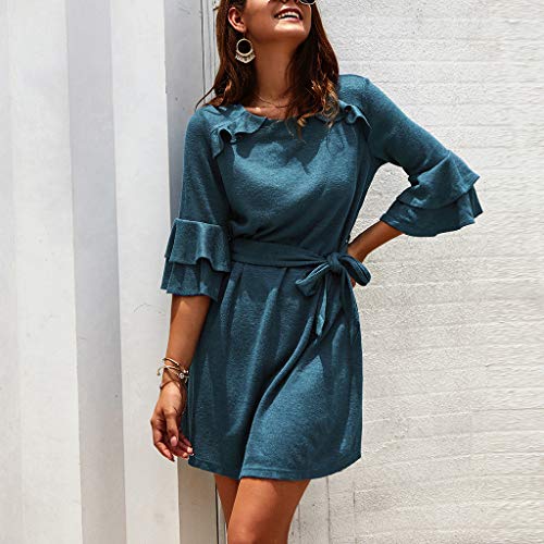 Mini vestido de mujer a la moda, vestido monocromo de manga 3/4, vestido corto hasta la rodilla, vestido de fiesta, blusa, camiseta larga, casual, cuello redondo, Slim A Linie EU-42/CN-XL azul