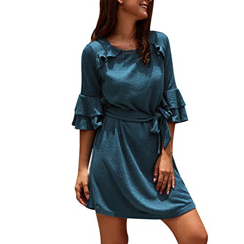 Mini vestido de mujer a la moda, vestido monocromo de manga 3/4, vestido corto hasta la rodilla, vestido de fiesta, blusa, camiseta larga, casual, cuello redondo, Slim A Linie EU-42/CN-XL azul