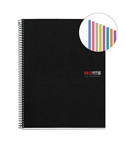 Miquelrius 43006 - Cuaderno A4, 200 Hojas (Franjas de 8 Colores), Rayado Horizontal 7 mm, Tapa de Polipropileno Color Negro