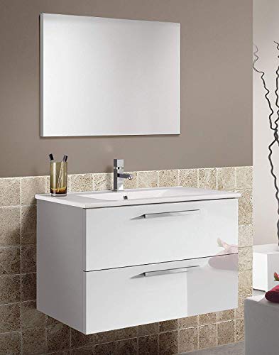 Miroytengo Mueble baño Aseo suspendido con Espejo Blanco Brillo 2 cajones con Cierre Progresivo y Tiradores Modernos para Lavabo 80x45x57 cm NO Incluye LAVAMANOS