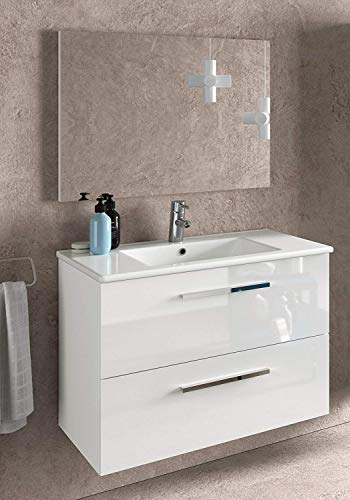 Miroytengo Mueble baño Aseo suspendido con Espejo Blanco Brillo 2 cajones con Cierre Progresivo y Tiradores Modernos para Lavabo 80x45x57 cm NO Incluye LAVAMANOS