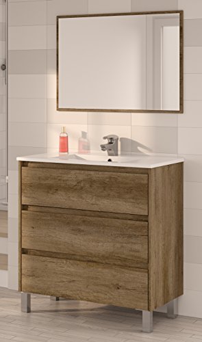 Miroytengo Mueble Lavabo con 3 cajones y Espejo a Juego, para baño Aseo en Color nordik con Cierre Progresivo diseño Moderno 80x45x86 cm Incluye LAVAMANOS CERÁMICO