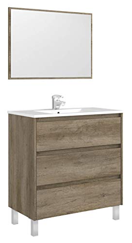 Miroytengo Mueble Lavabo con 3 cajones y Espejo a Juego, para baño Aseo en Color nordik con Cierre Progresivo diseño Moderno 80x45x86 cm Incluye LAVAMANOS CERÁMICO