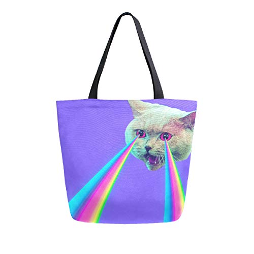 Moda Casual Reutilizable Bolsas de comestibles Malvado Gato con Arco Iris láser de Ojos Hombres Mujeres Bolso de Hombro Lona