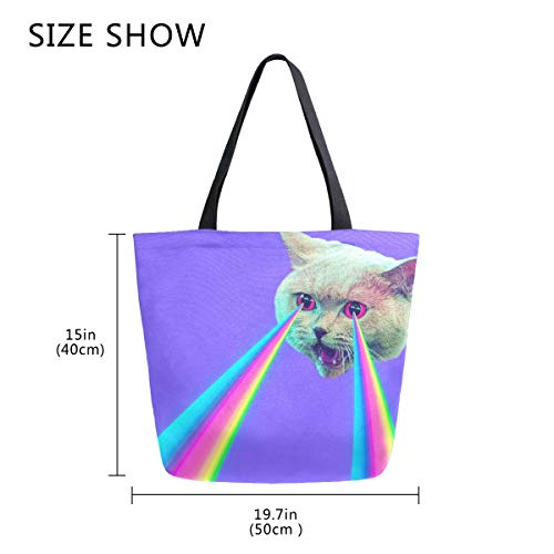 Moda Casual Reutilizable Bolsas de comestibles Malvado Gato con Arco Iris láser de Ojos Hombres Mujeres Bolso de Hombro Lona