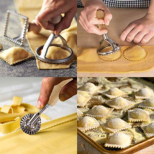 Molde Pasta Cortadores de Raviolis, Juego de Sellos para Hacer Raviolis, Molde para Hacer Pasta con Mango de Madera y Borde Acanalado, Madera, 4