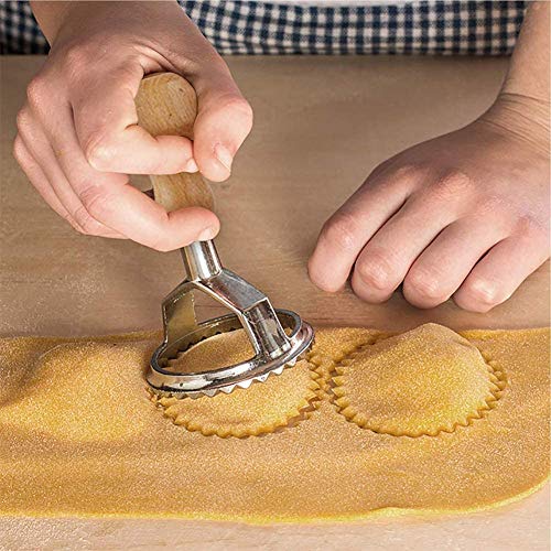 Molde Pasta Cortadores de Raviolis, Juego de Sellos para Hacer Raviolis, Molde para Hacer Pasta con Mango de Madera y Borde Acanalado, Madera, 4