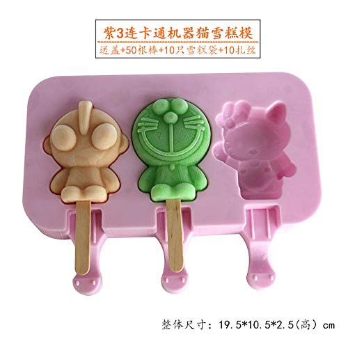 moldes helados Molde de cubitos de hielo Silicone Ice Cream Mould with Cover Popsicle Sorbet Popsicle Ice Cream Ice Cube Set-Purple 3 Even Cartoon Doraemon