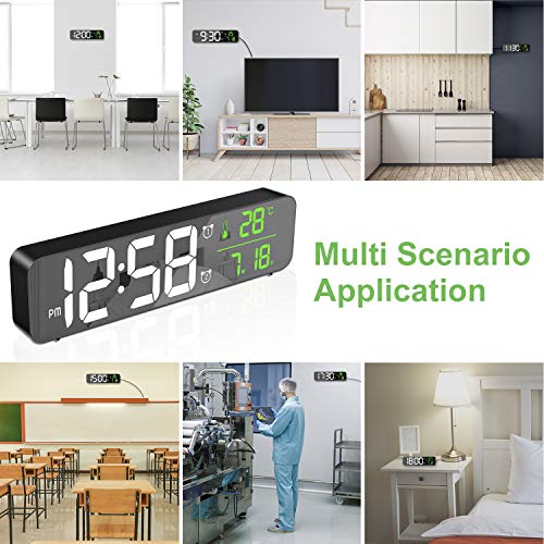 MOSUO Reloj Despertador Digital, Reloj de Pared con Temperatura Tiempo Fecha, 10" Gran Pantalla LED Espejo Reloj Digital con 2 Alarma 40 Música 6 Niveles de Brillo USB Puerto, Negro