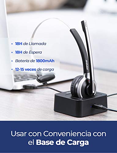 Mpow Auriculares Bluetooth V4.1 con Micrófono,Cancelación de Ruido, Auriculares Inalámbrico Diadema con Base de Carga, Auriculares Manos Libres Compartible con Móvil, Skype VoIP ,Oficina, Conductor