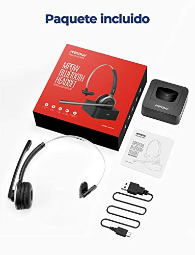 Mpow Auriculares Bluetooth V4.1 con Micrófono,Cancelación de Ruido, Auriculares Inalámbrico Diadema con Base de Carga, Auriculares Manos Libres Compartible con Móvil, Skype VoIP ,Oficina, Conductor