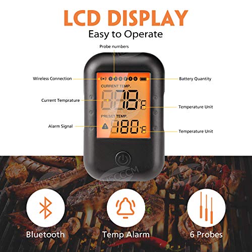 MUSCCCM Termómetro de Carne Digital, Termómetro de Cocción Bluetooth 5.0 con 6 sondas y Pantalla LCD para Horno, Barbacoa, Cocina, Soporte de iOS, Android