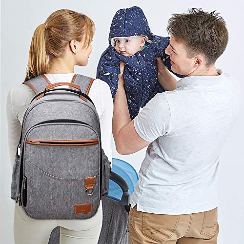 Myhozee Mochila de Pañales y Biberones para Bebé,Impermeable Bolsa Mochila de Pañales Cambiador con una Almohadilla para el Pañal y 2 Ganchos de Carrito para Cuidado de Bebé y Mamá (Gris)