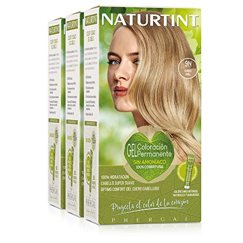 Naturtint Coloración 9N Rubio Miel, 100% Cobertura de canas y Hidratación, Ingredientes Vegetales y Aceites 100% Biobotánicos, Color Natural y Duradero, Sin Amoniaco, Parabenes, Siliconas, Pack de 3.