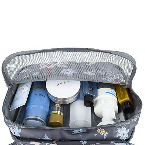 Neceser de viaje para colgar en el baño, organizador de maquillaje y cosméticos, para mujeres y niñas, resistente al agua Gris Nueva Flor Oscura Tamaño libre