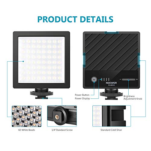 Neewer Panel Luz 64 LED Expandible 3 Vías Luz Video Regulable con Alimentación por USB en Cámara con Batería Ión de Litio Incorporada y 3 Interfaces Expansión 5000K para Nikon Canon Nikon Sony DSLR