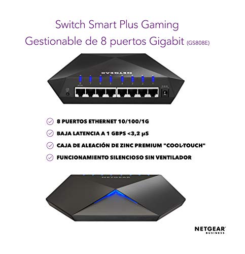 Netgear Nighthawk GS808E-100PES Switch Gaming S8000 (Optimizado para Streaming y Juegos, 8 Puertos Gigabit Ethernet), Color Negro