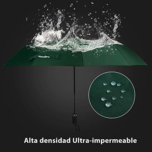 Newdora Paraguas Plegable Automático Impermeable 10 Armazones de Metal Compacto Resistencia contra Viento para Viaje para Hombres y Mujeres (Verde)