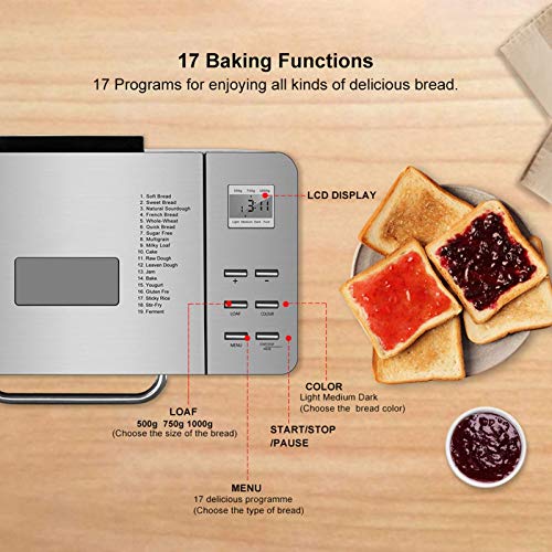 NMBD Automatizado Breadmakers Máquina 2LB con 17 Funciones programadas del Temporizador, no se pegue, Libres de Gluten, Pan de 3 tamaños, 1 Hora Keep Warm W/Auto Fruta y Nuez dispensador KAIRUI