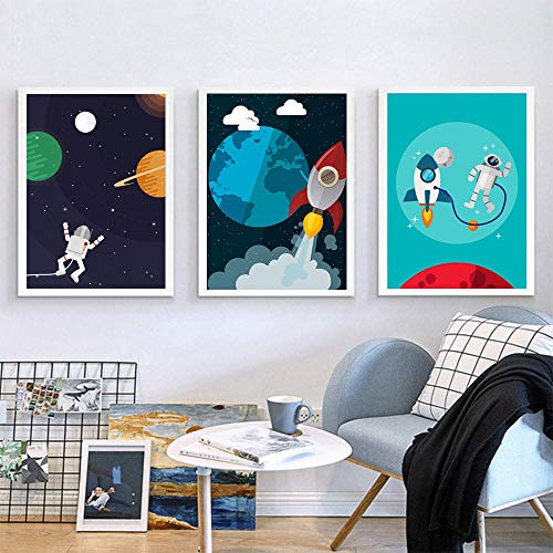 NOBRAND Cartel nórdico Space Nursery Posters para niños Astronauta Cohete Lienzo Pintura Arte de la Pared Luna Imágenes de la Pared para la decoración del Dormitorio del bebé Sin Marco-A_30x40cmX3