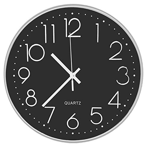 October Elf Reloj de Pared silencioso 30 cm Reloj sin tictac Reloj de Cuarzo con Pilas Redondo para Sala de Estar Dormitorios Oficina Cocinas Sala de Clase (Negro-Plata)