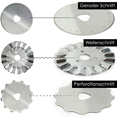 OfficeTree® Cúter de cuchilla circular, cortadora de tela - Corte tejidos y papel fácilmente de forma exacta - Mango ergonómico antideslizamiento con botón de bloqueo - 3 cuchillas - Ø 45mm