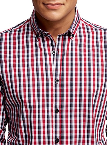 oodji Ultra Hombre Camisa Entallada a Cuadros, Rojo, 41